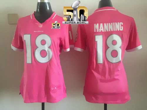 Nike Broncos #18 Peyton Manning Pink Super Bowl 50 Women's Stitched NFL Elite Bubble Gum Jersey